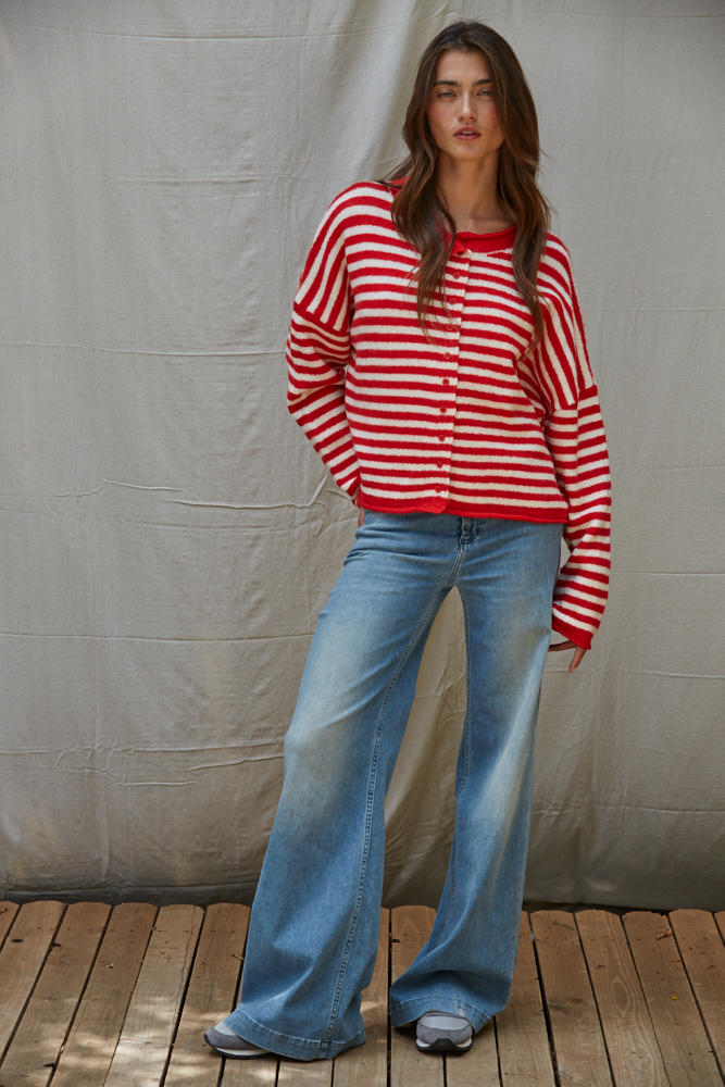 By Together Channel Knit Sweater Striped Cardigan in Red