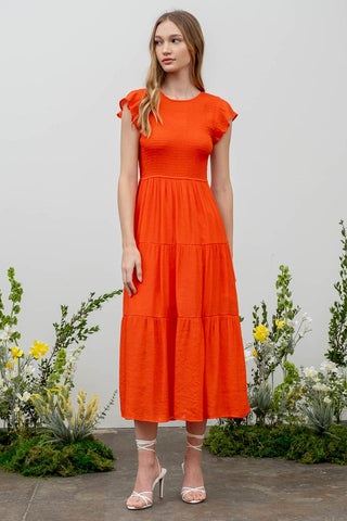 Fiona Flutter Sleeve Smocked Midi Dress in Mocha