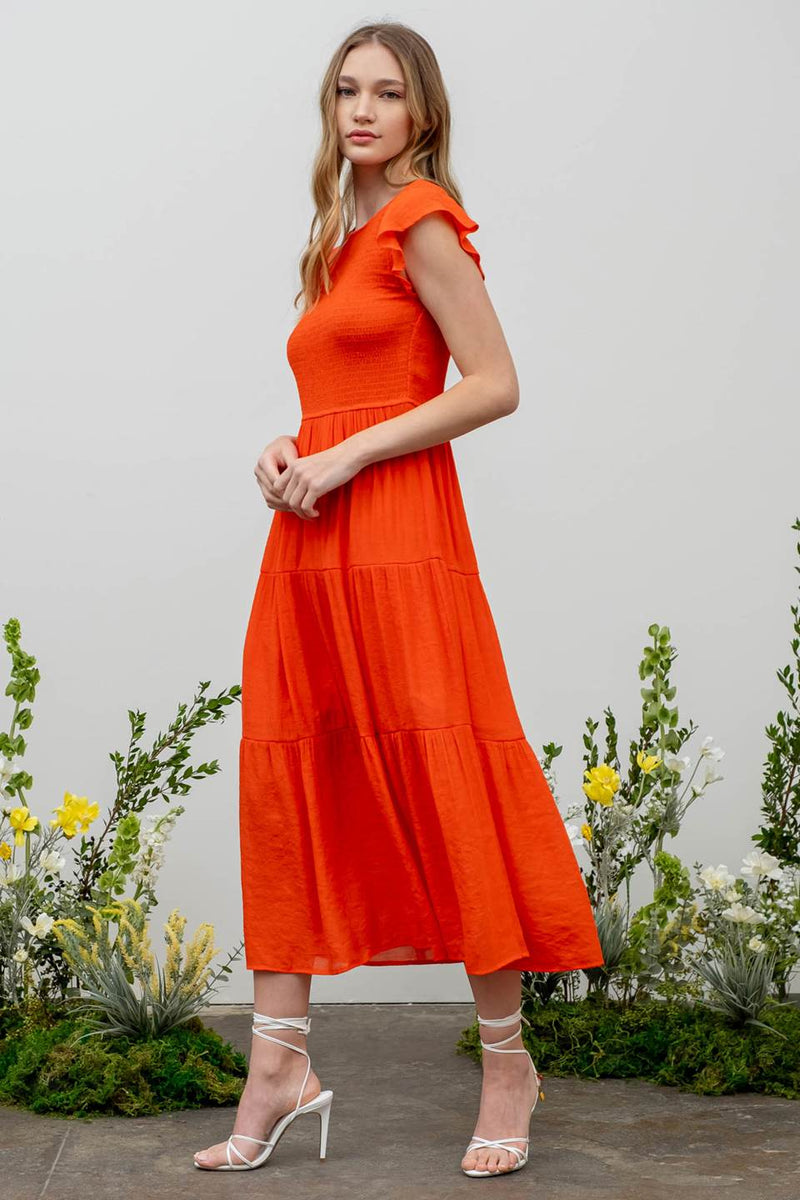 Iris Smocked Tiered Midi Dress in Tomato Red