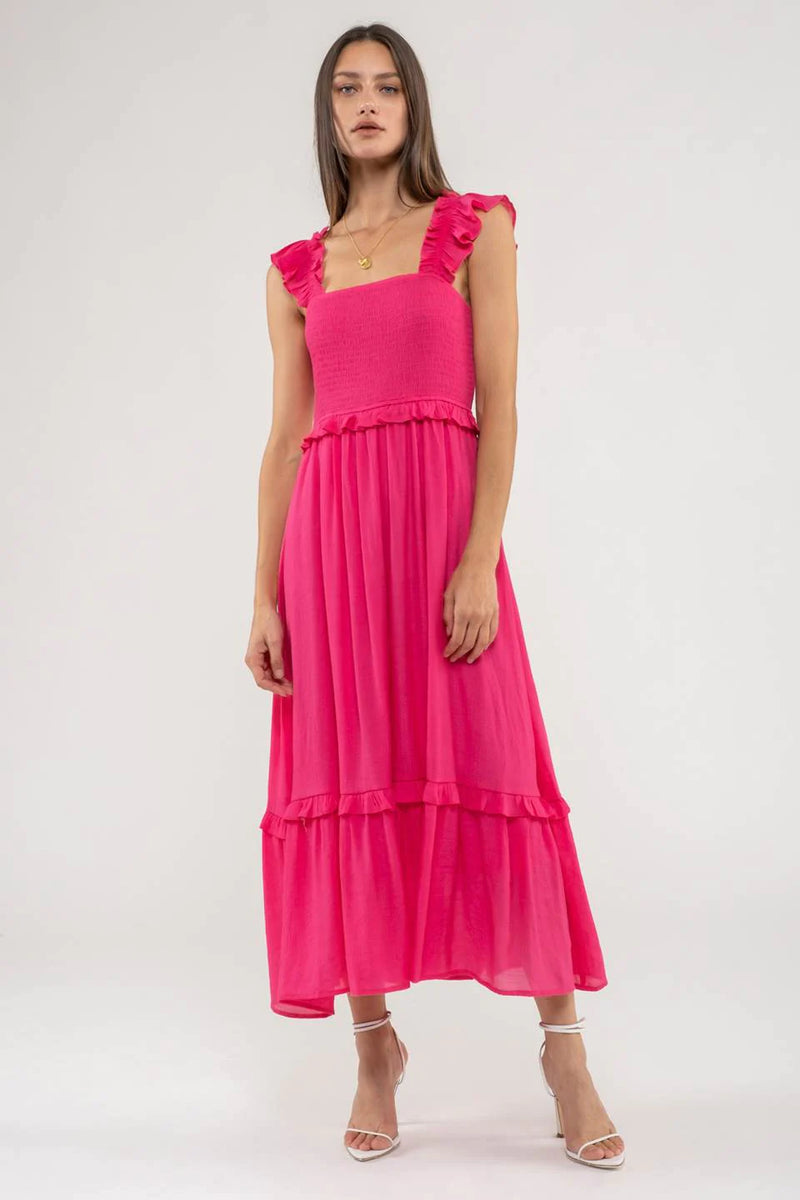 Fiona Square Neck Smocked Midi Dress in Fuchsia Medium Fiona Square Neck Smocked Midi Dress in Fuchsia Medium