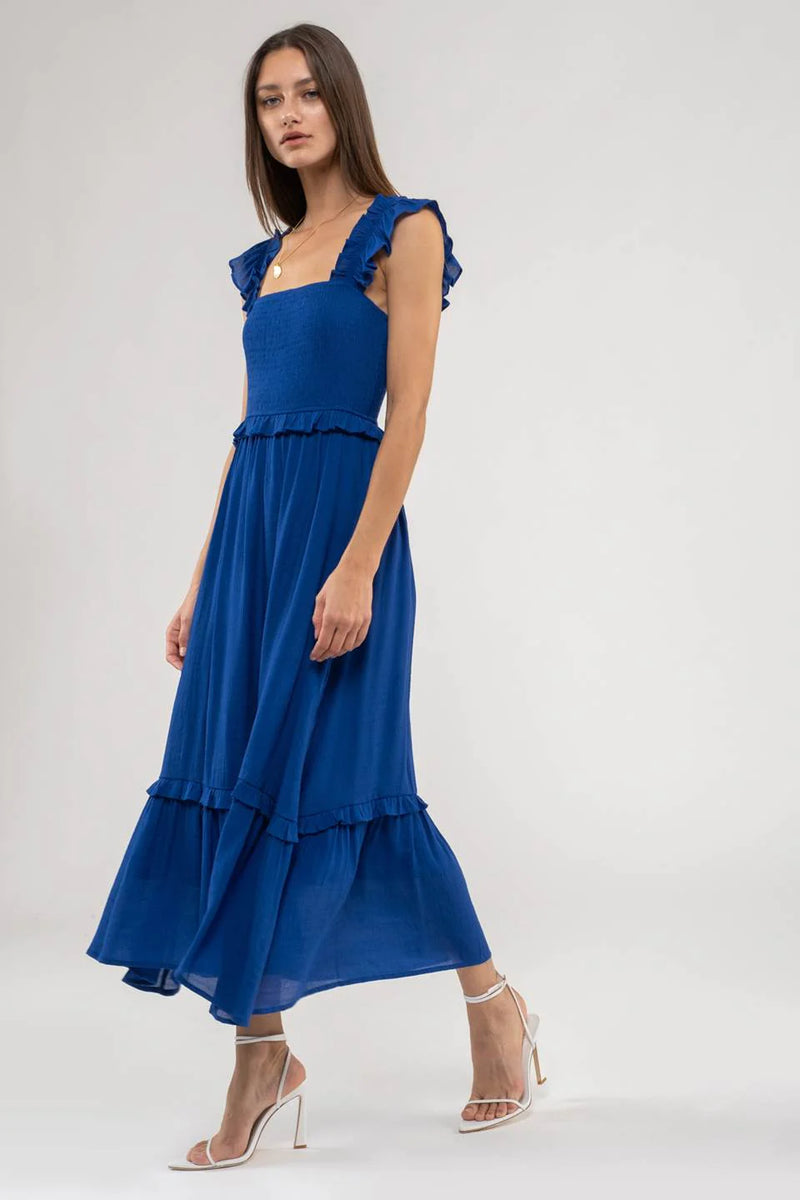 Fiona Square Neck Smocked Midi Dress in Royal Blue