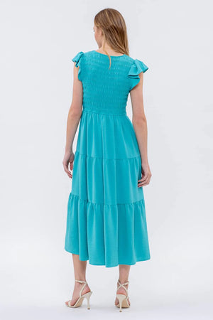 Fiona Flutter Sleeve Smocked Midi Dress in Emerald