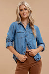 Candice Chambray Collared 3/4 Tab Sleeve Shirt