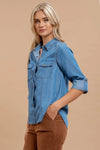 Candice Chambray Collared 3/4 Tab Sleeve Shirt