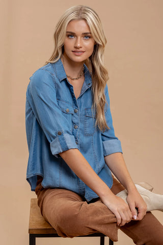 Cheyenne Embroidered Button Down Bubble Sleeve Top