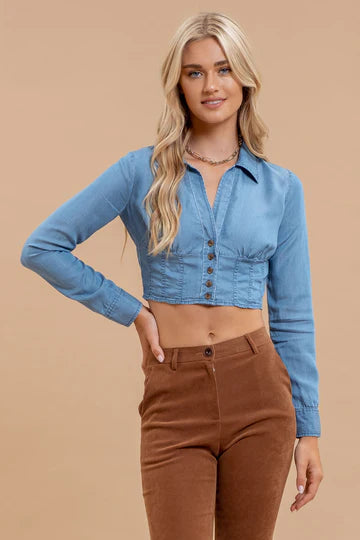 Megan Chambray Collared Corset Crop Top