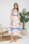 Helen Rick Rack Trimmed Floral Pattern Dress in Royal Blue Ivory