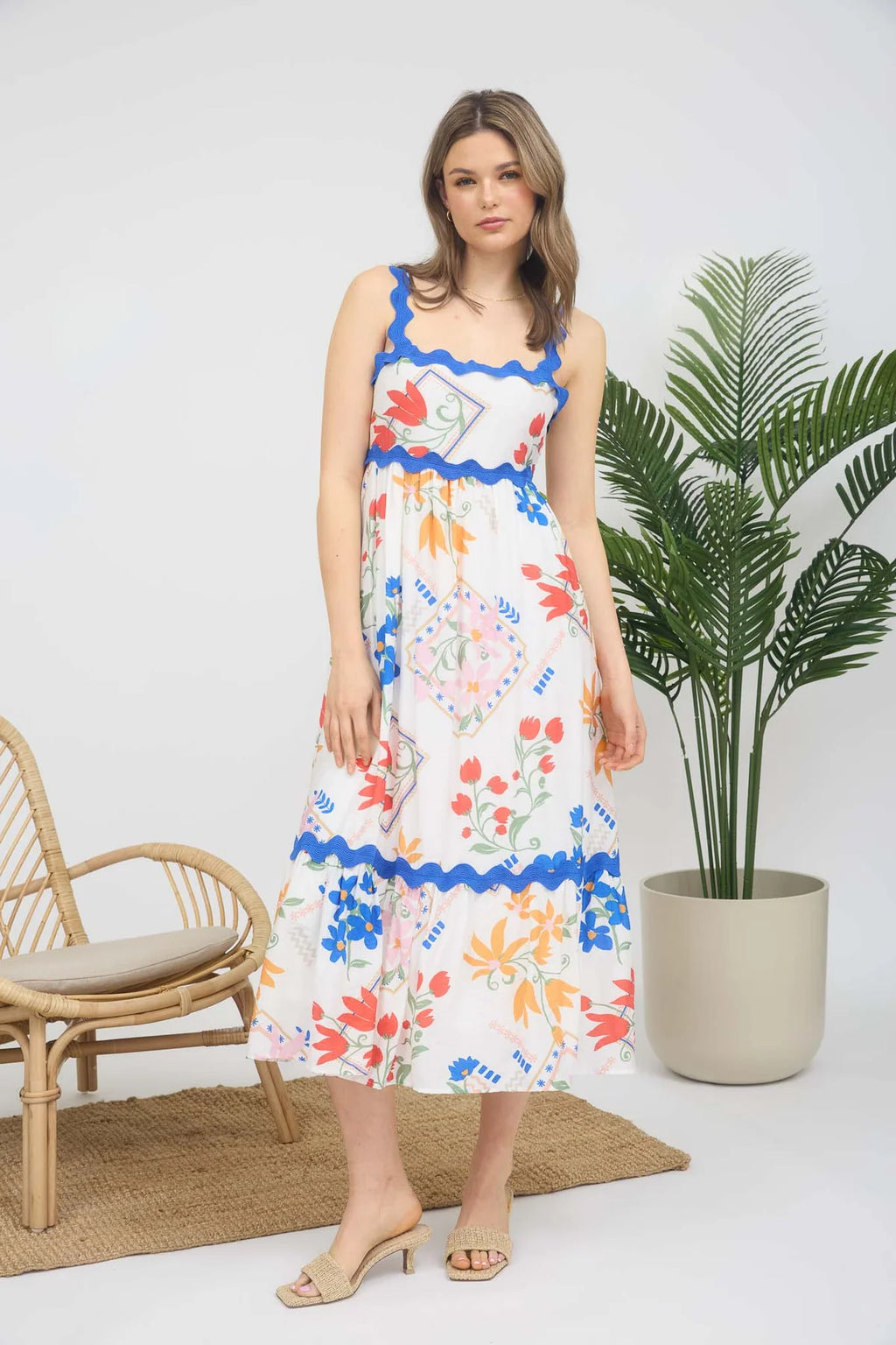 Helen Rick Rack Trimmed Floral Pattern Dress in Royal Blue Ivory