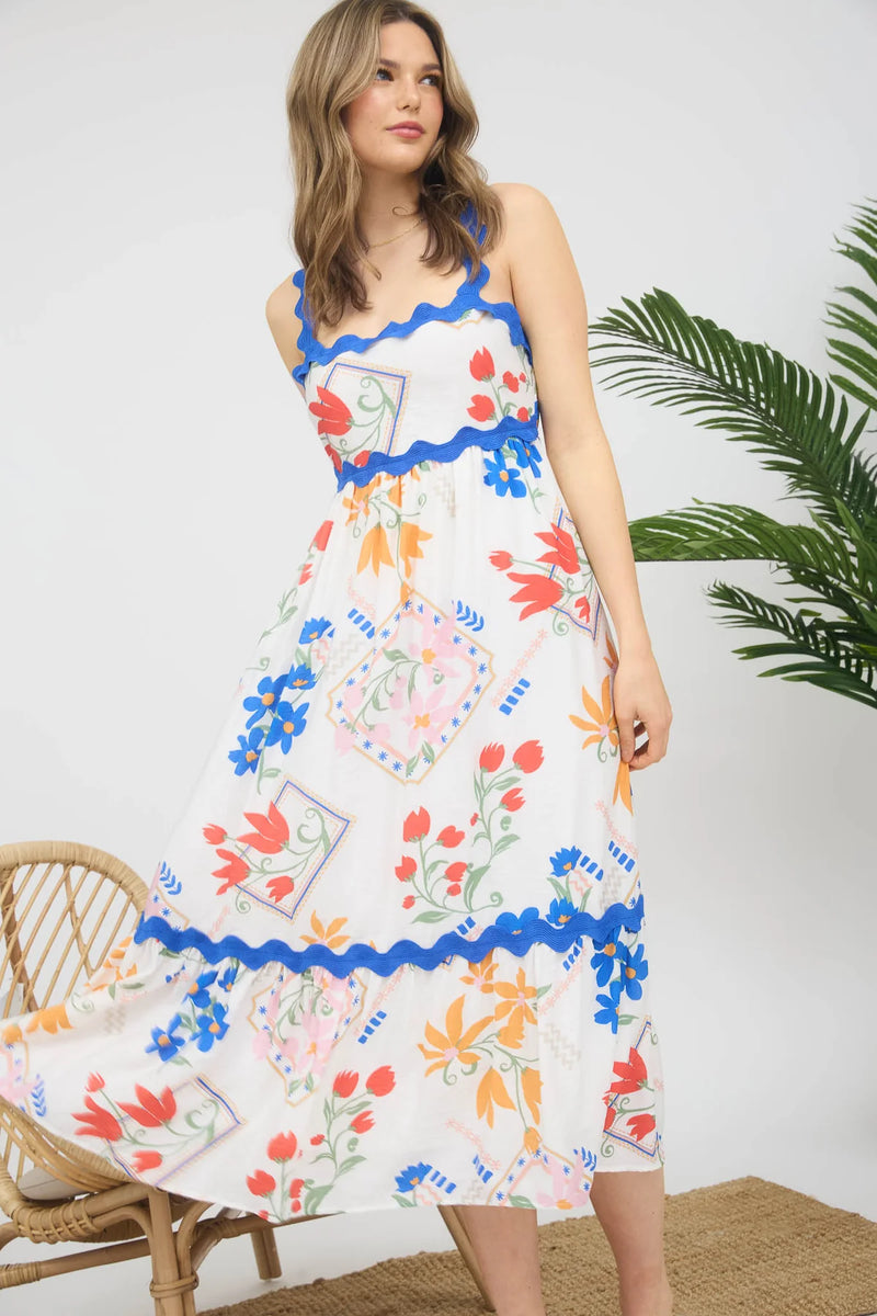 Helen Rick Rack Trimmed Floral Pattern Dress in Royal Blue Ivory