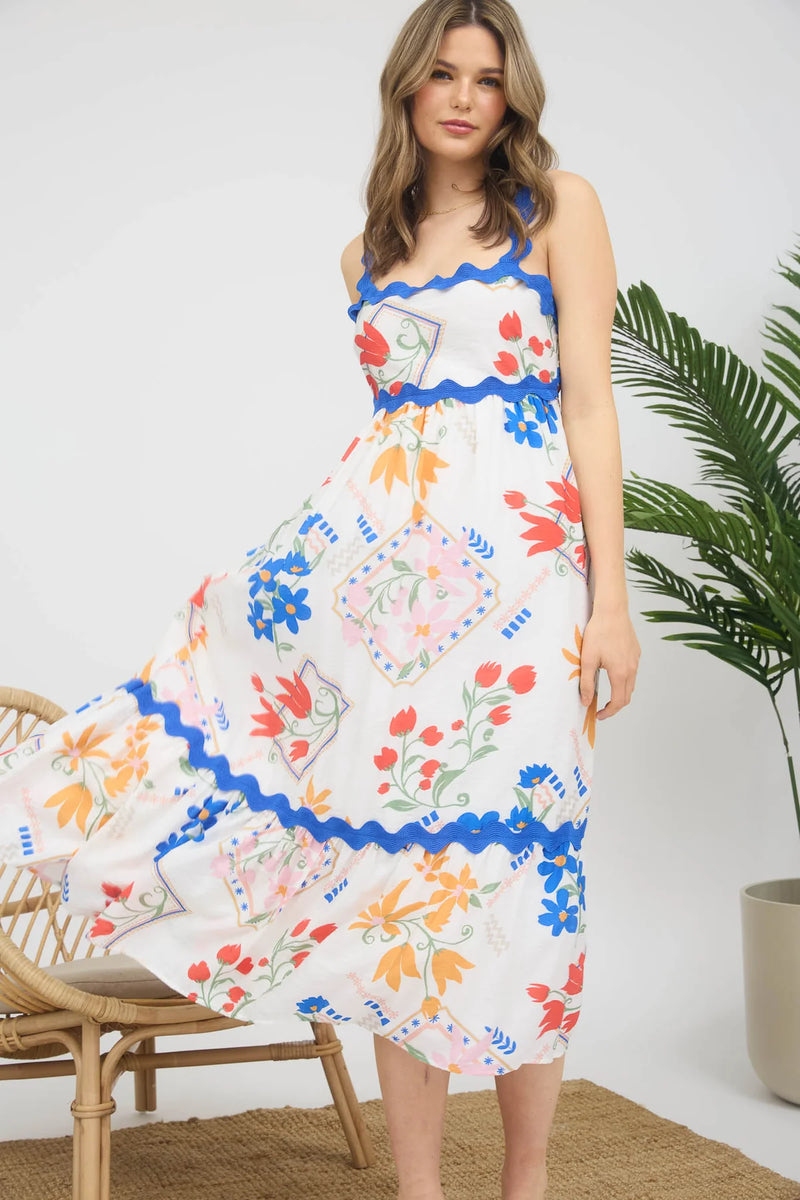 Helen Rick Rack Trimmed Floral Pattern Dress in Royal Blue Ivory