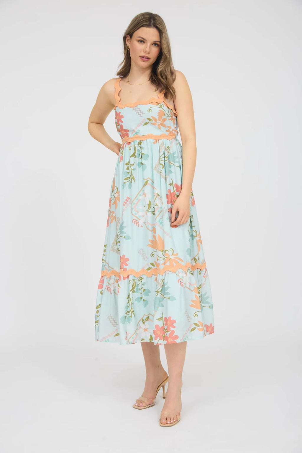 Helen Rick Rack Trimmed Floral Pattern Dress in Mint Peach