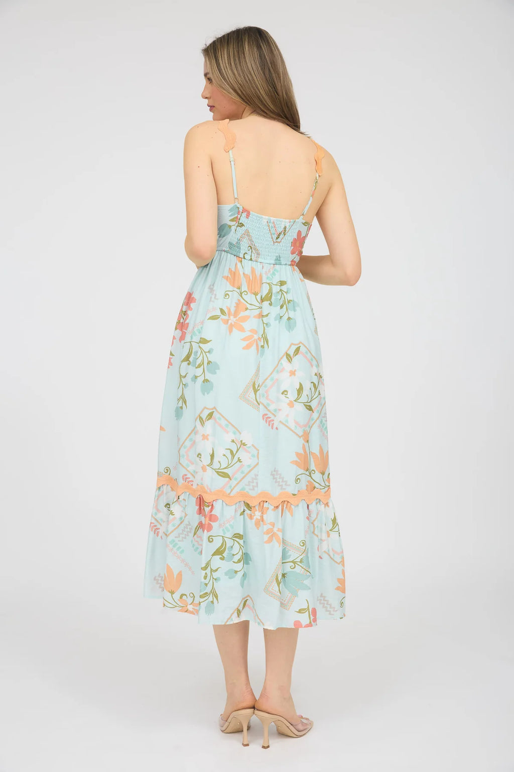 Helen Rick Rack Trimmed Floral Pattern Dress in Mint Peach