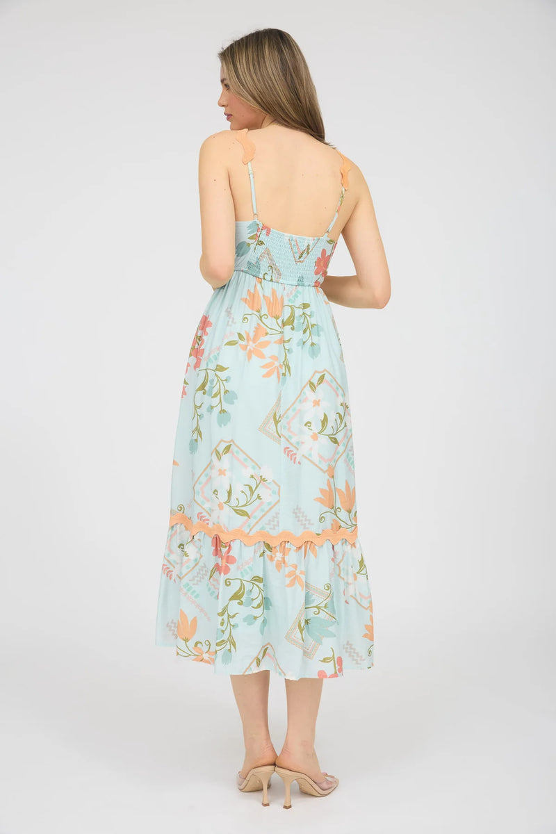 Helen Rick Rack Trimmed Floral Pattern Dress in Mint Peach