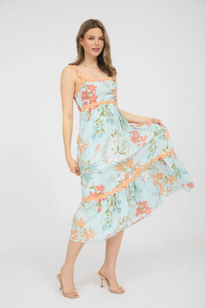 Helen Rick Rack Trimmed Floral Pattern Dress in Mint Peach
