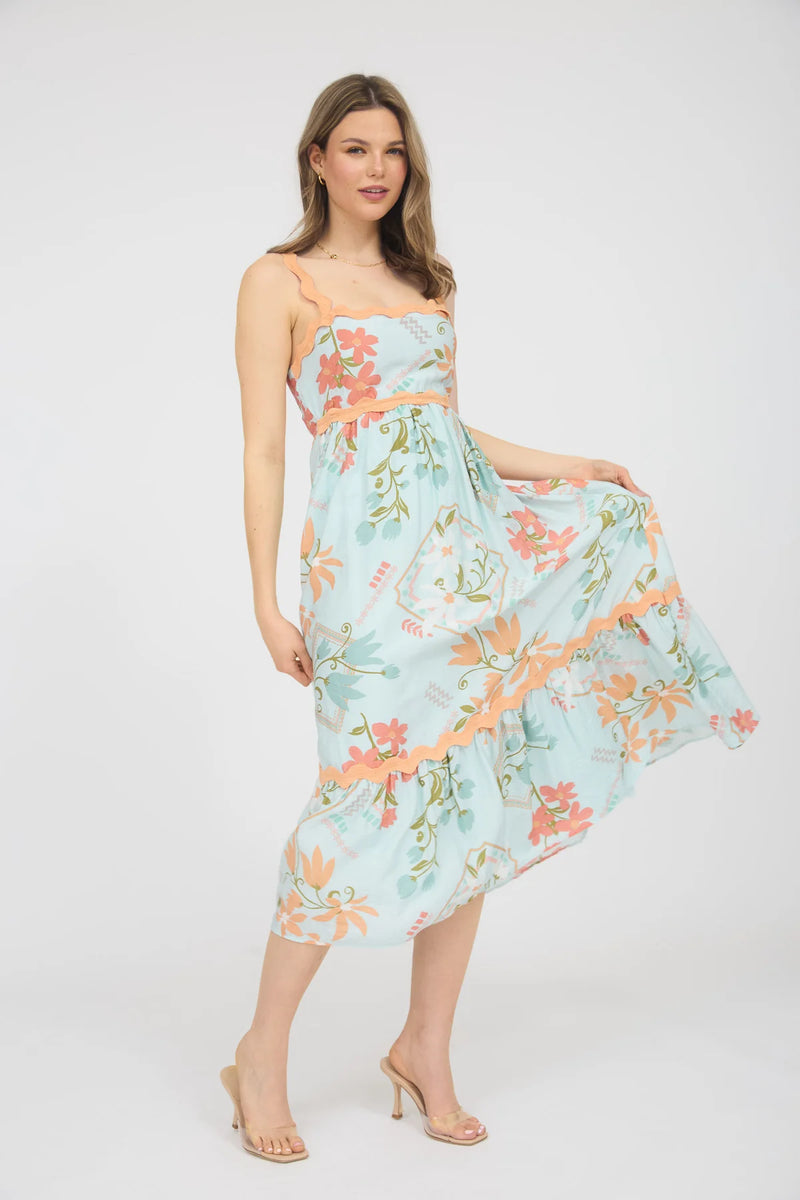Helen Rick Rack Trimmed Floral Pattern Dress in Mint Peach