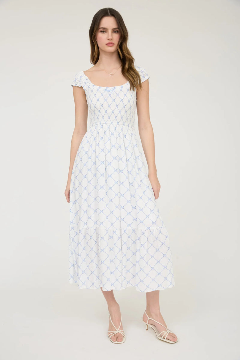 Stacia Bow Pattern Ruched Sleeve Smocked Midi Dress With Blue Bow Print