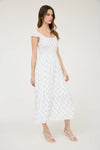 Stacia Bow Pattern Ruched Sleeve Smocked Midi Dress With Blue Bow Print