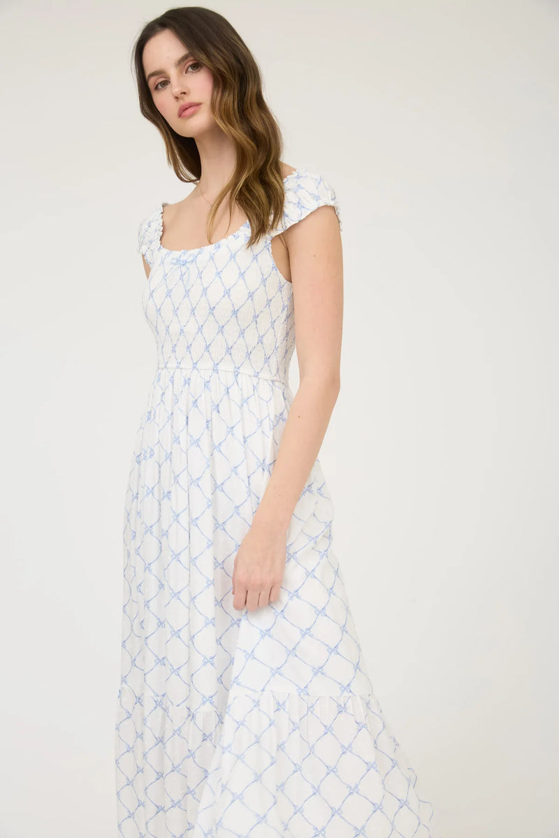 Stacia Bow Pattern Ruched Sleeve Smocked Midi Dress With Blue Bow Print