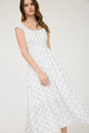Stacia Bow Pattern Ruched Sleeve Smocked Midi Dress With Blue Bow Print