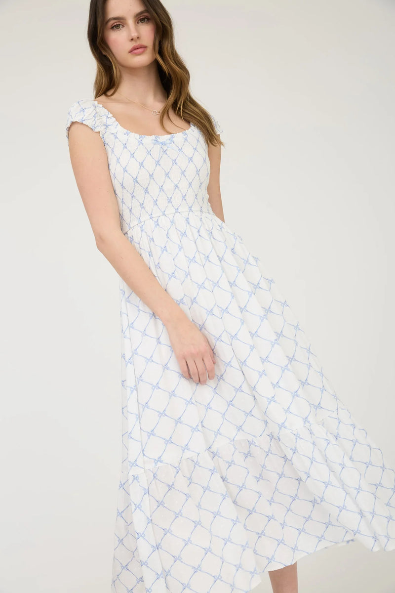 Stacia Bow Pattern Ruched Sleeve Smocked Midi Dress With Blue Bow Print