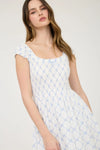 Stacia Bow Pattern Ruched Sleeve Smocked Midi Dress With Blue Bow Print