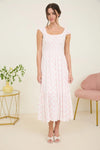 Stacia Bow Pattern Ruched Sleeve Smocked Midi Dress With Pink Bow