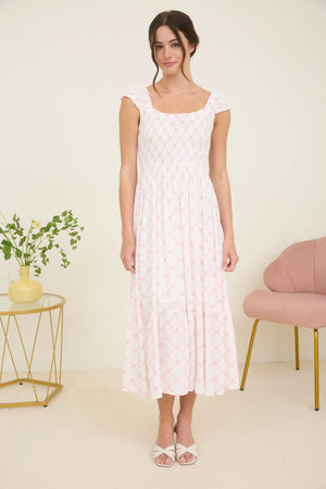 Stacia Bow Pattern Ruched Sleeve Smocked Midi Dress With Pink Bow