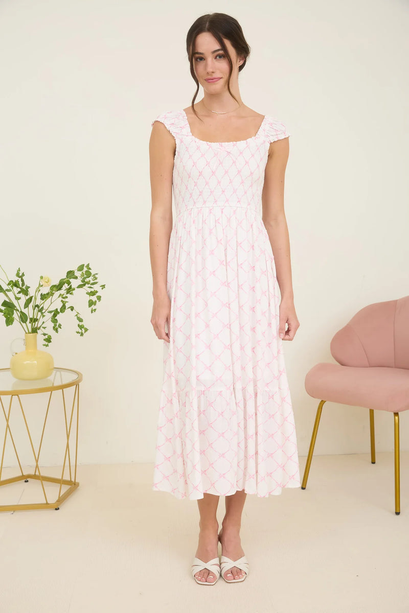 Stacia Bow Pattern Ruched Sleeve Smocked Midi Dress With Pink Bow