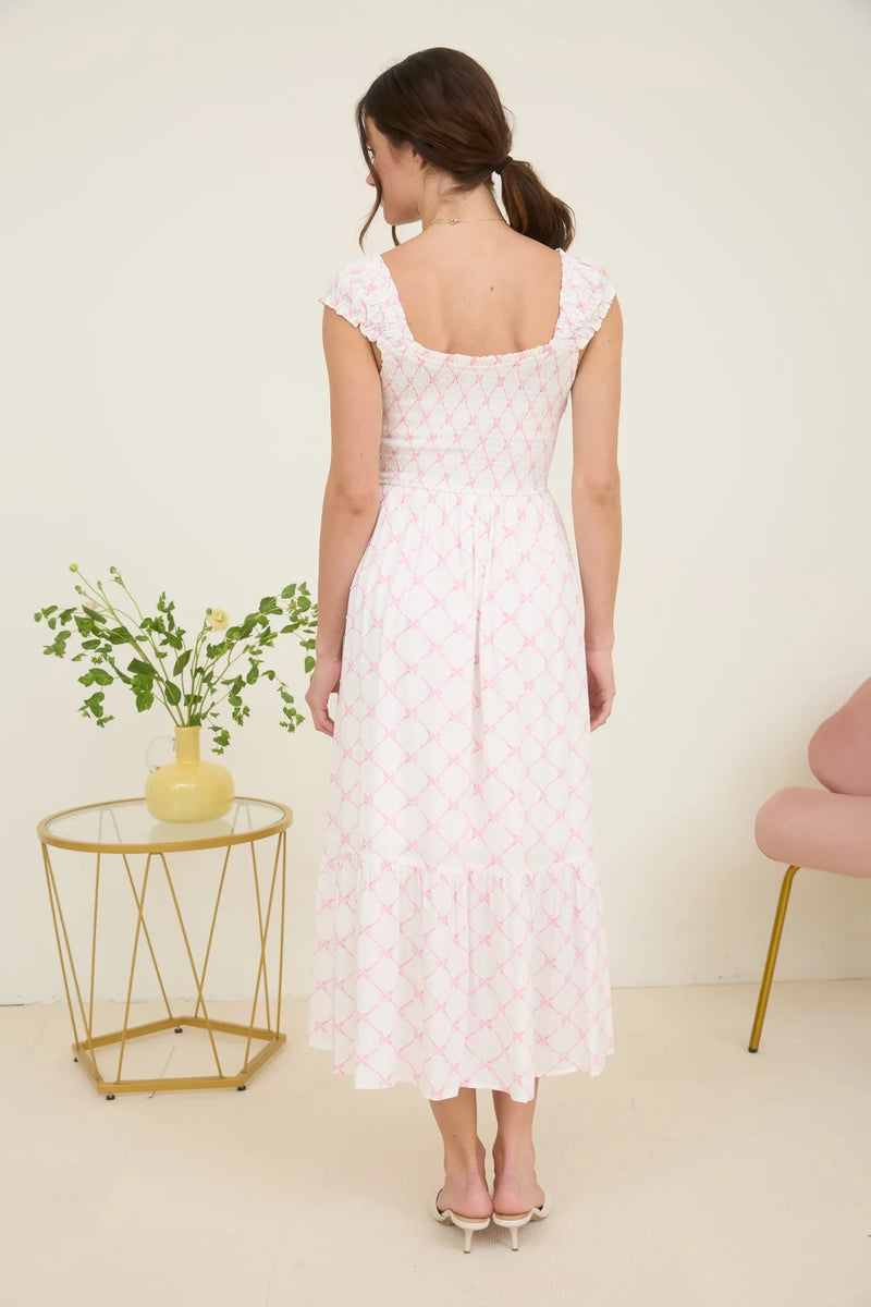 Stacia Bow Pattern Ruched Sleeve Smocked Midi Dress With Pink Bow