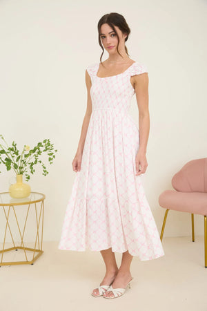 Stacia Bow Pattern Ruched Sleeve Smocked Midi Dress With Pink Bow