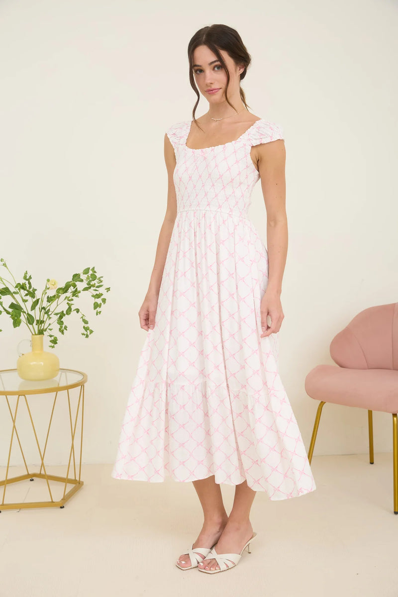 Stacia Bow Pattern Ruched Sleeve Smocked Midi Dress With Pink Bow
