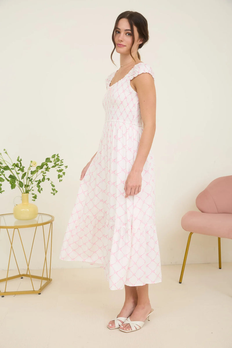 Stacia Bow Pattern Ruched Sleeve Smocked Midi Dress With Pink Bow