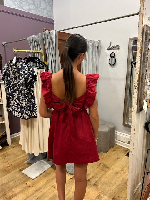Audrey Tie-Back Ruffle Mini Dress in Burgundy Polka Dots Boutique Audrey Tie-Back Ruffle Mini Dress in Burgundy Polka Dots Boutique