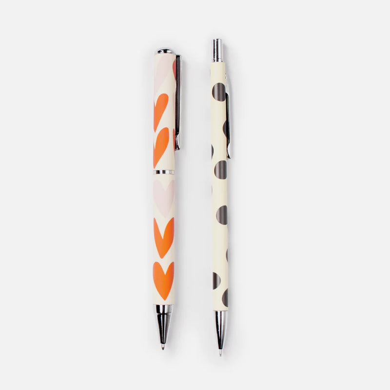 Set of 2 Boxed Pen & Pencil Orange Hearts Mono Spots by Caroline Gardner