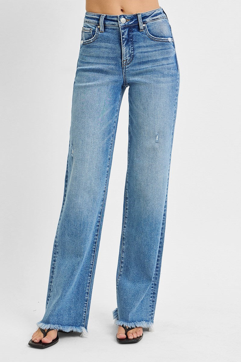 Lyla High Rise Straight Leg Jeans With Frayed Hem by Risen