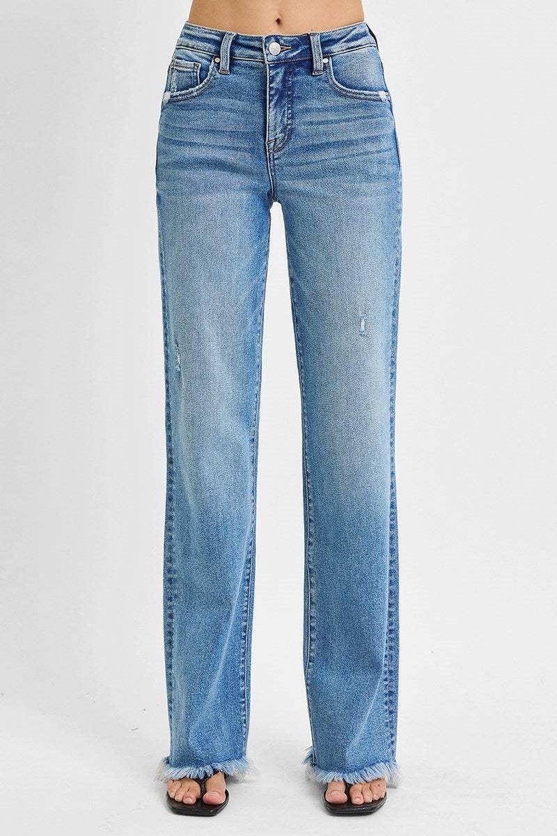 Lyla High Rise Straight Leg Jeans With Frayed Hem by Risen