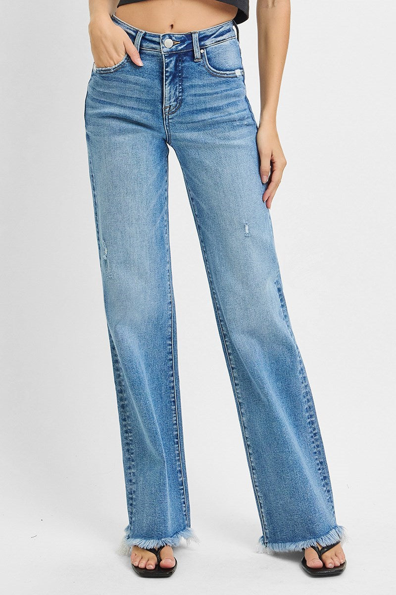 Lyla High Rise Straight Leg Jeans With Frayed Hem by Risen