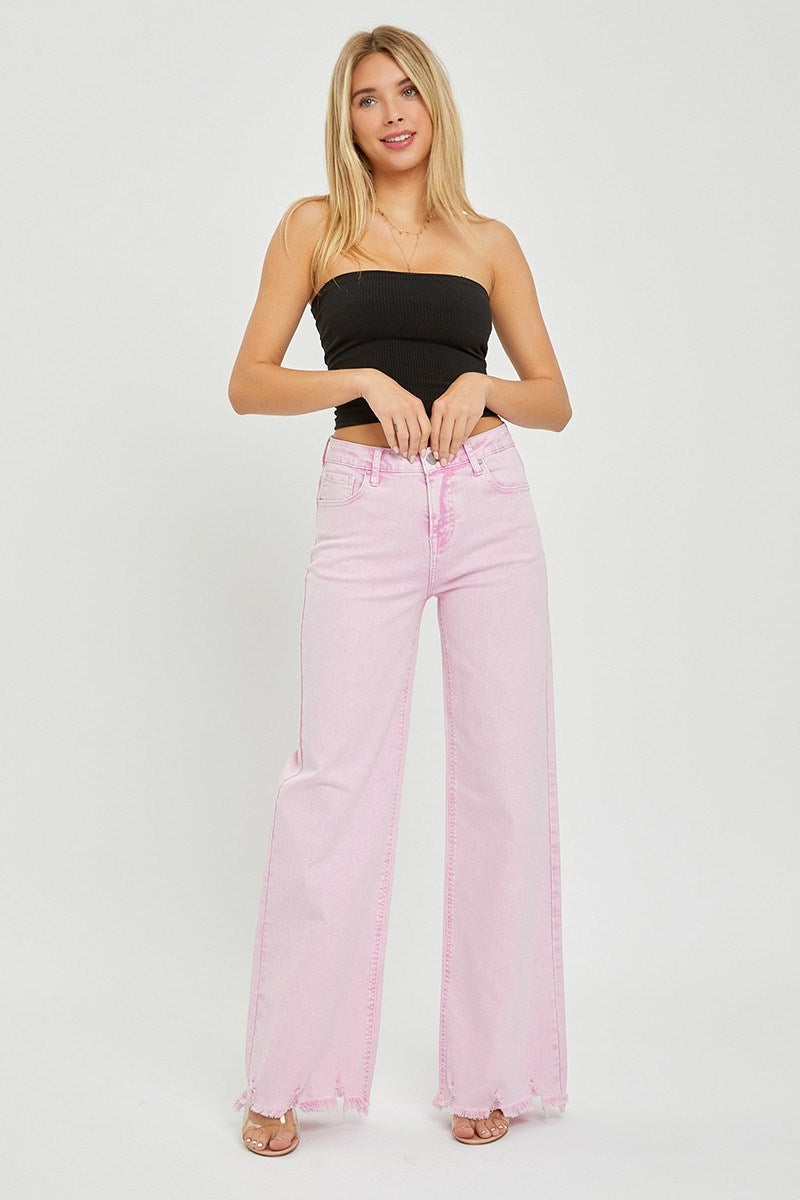 Chrissy Acid Pink  High Rise Wide Leg Frayed Hem Jeans by Risen