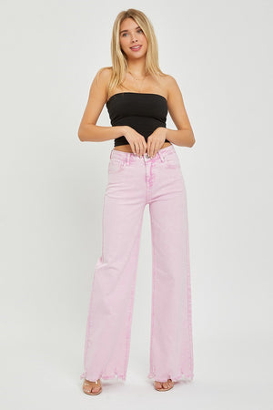 Chrissy Acid Pink  High Rise Wide Leg Frayed Hem Jeans by Risen