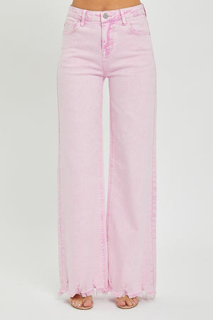 Chrissy Acid Pink  High Rise Wide Leg Frayed Hem Jeans by Risen