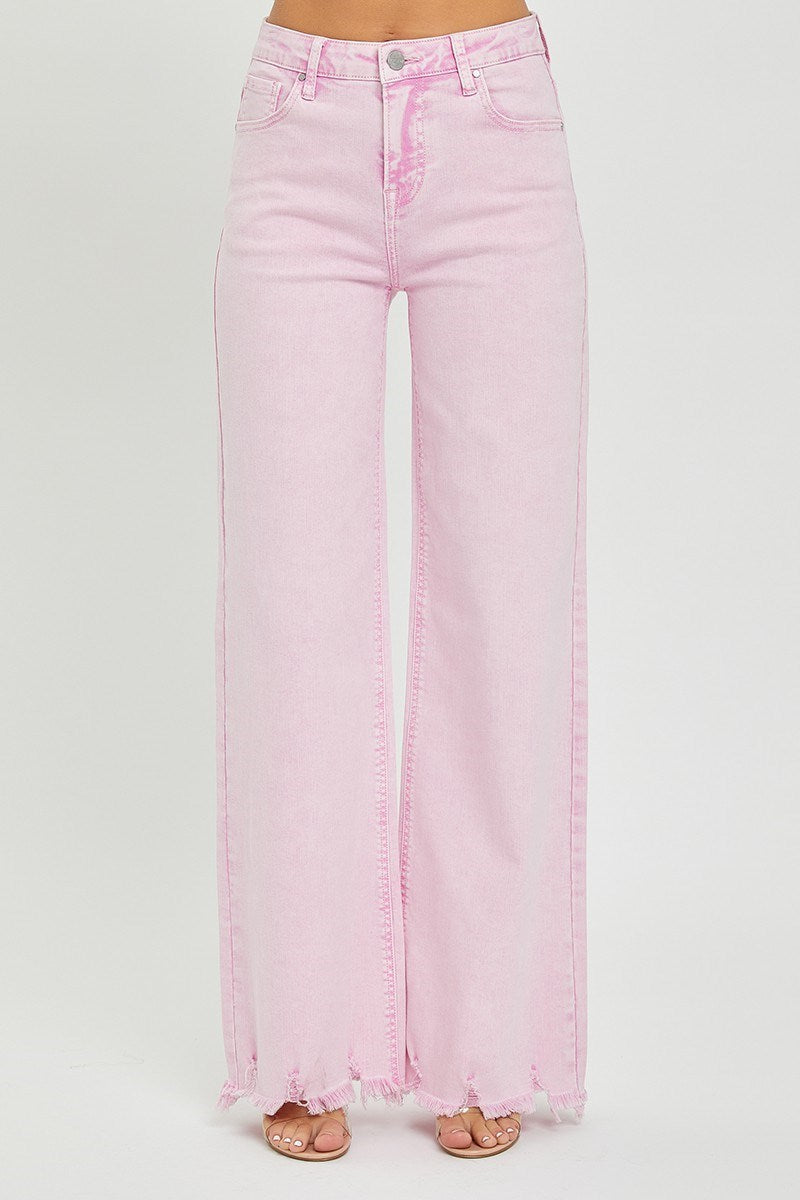 Chrissy Acid Pink  High Rise Wide Leg Frayed Hem Jeans by Risen