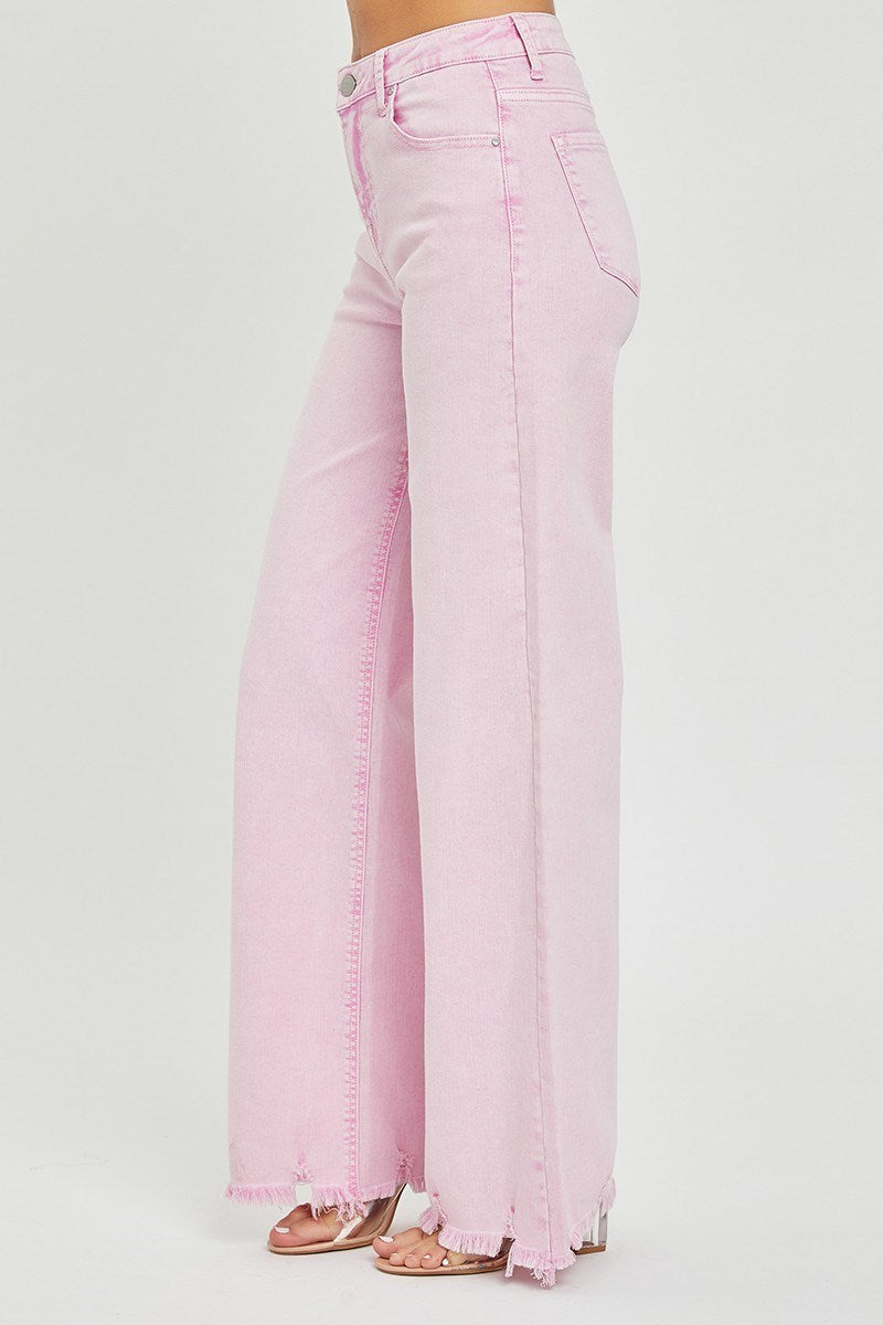 Chrissy Acid Pink  High Rise Wide Leg Frayed Hem Jeans by Risen