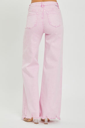 Chrissy Acid Pink  High Rise Wide Leg Frayed Hem Jeans by Risen