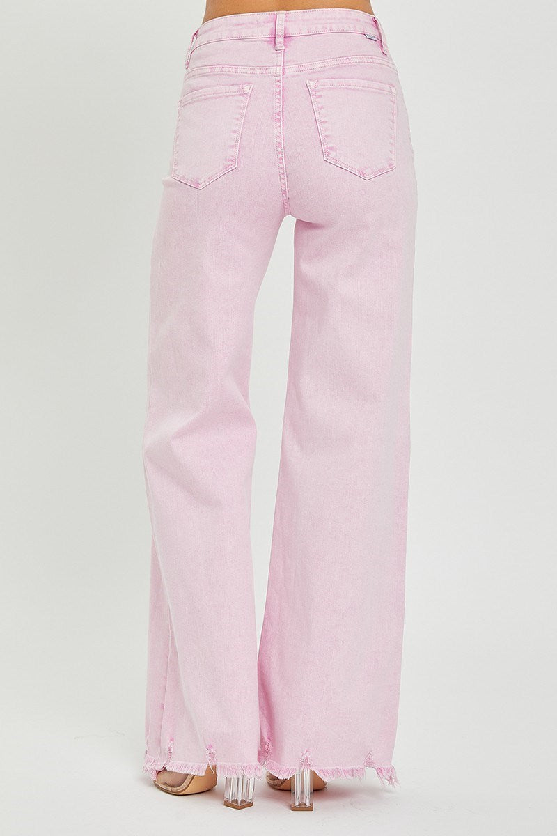 Chrissy Acid Pink  High Rise Wide Leg Frayed Hem Jeans by Risen