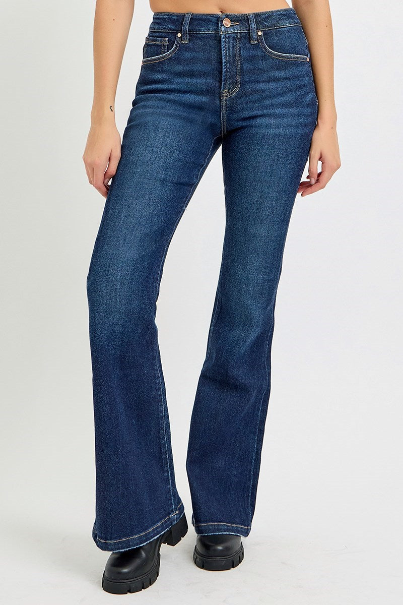 Brittany Dark Wash Tummy Control High Rise Flare Jeans by Risen