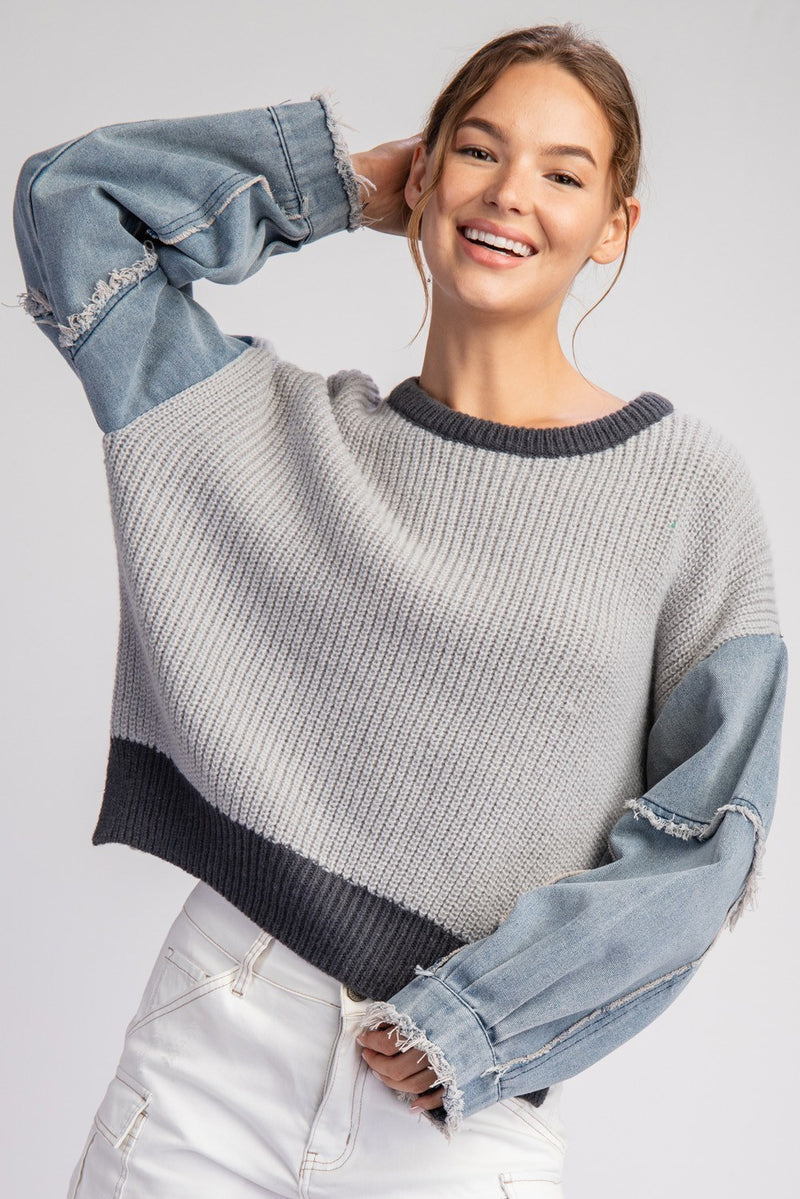 Francis Mineral Washed Sweater Top With Contrast Denim Sleeves