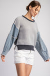 Francis Mineral Washed Sweater Top With Contrast Denim Sleeves