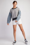 Francis Mineral Washed Sweater Top With Contrast Denim Sleeves