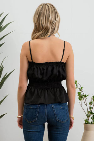 Ayla Smocked Satin Peplum Top in Black