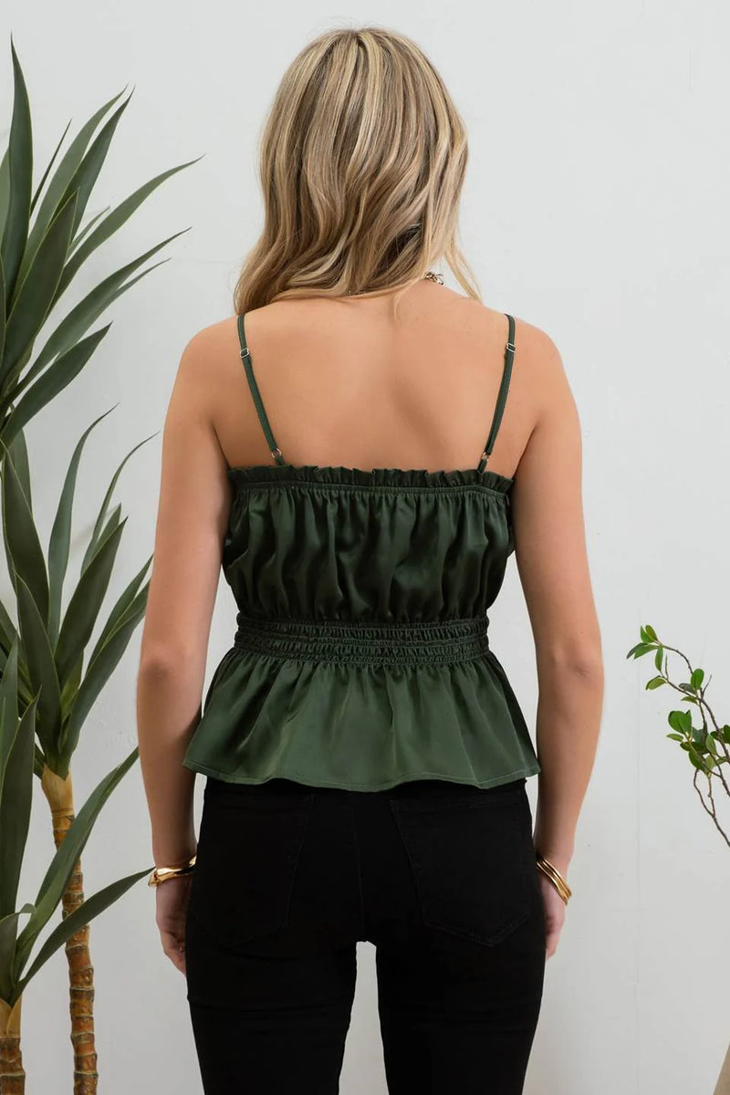 Ayla Smocked Satin Peplum Top in Dark Olive